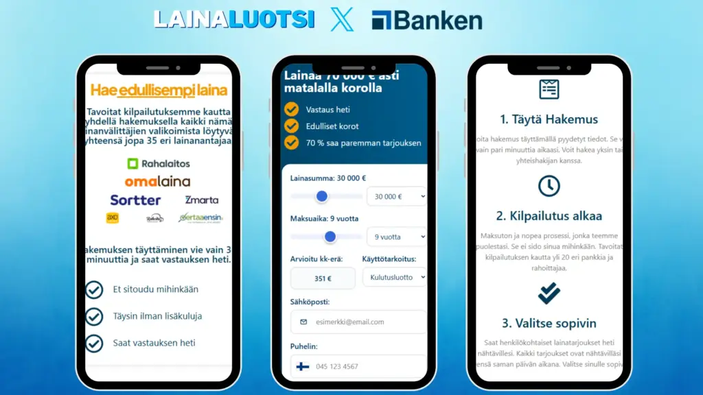 Banken esiteltynä kolmena pikkukuvana älypuhelimien ruuduilla.