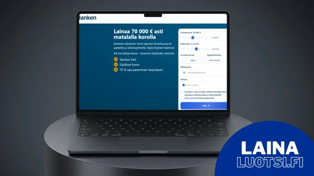 Banken lainahakemus tietokoneen ruudulla.